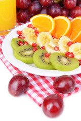 Sweet fresh fruits on plate on table close-up