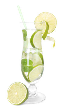 Glass of cocktail with lime and mint isolated on white