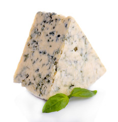 Tasty blue cheese with basil, isolated on white
