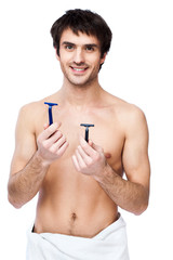 happy young man with the towel around his waist