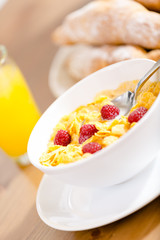 Close up of plate with cereals and strawberry