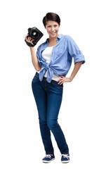 Obraz premium Woman-photographer takes snaps, isolated 