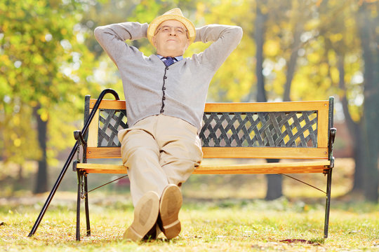 Relaxed Senior Gentleman Sitting On A Bench In A Park