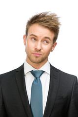 Frontal view of tired executive, isolated on white