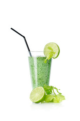 Close up of a green cocktail, isolated on white background 