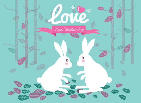 Cute couple rabbits in the forest.Valentine's Day