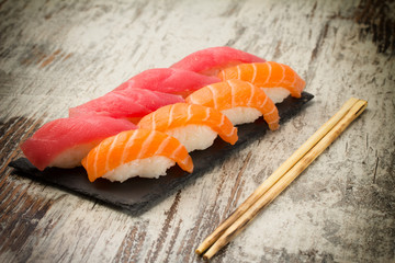 Salmon and tuna sushi nigiri
