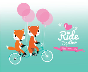 Cute couple fox ride tandem bicycle. Valentine's Day.
