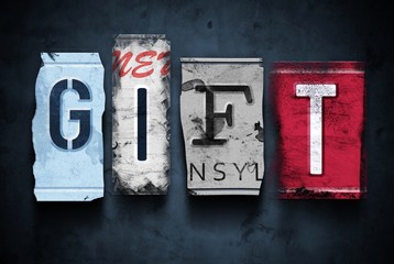 Gift word on vintage broken car license plates