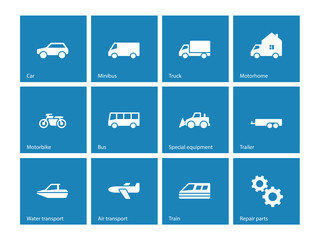 Cars and Transport icons on blue background.