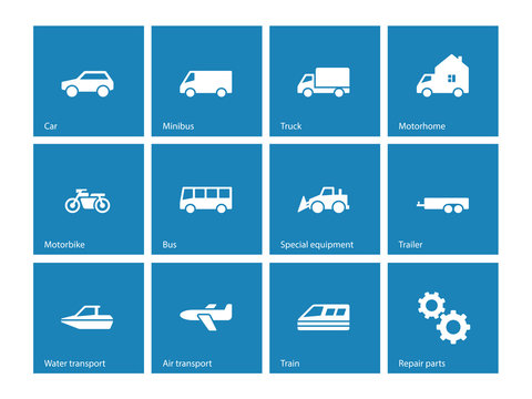 Cars and Transport icons on blue background.