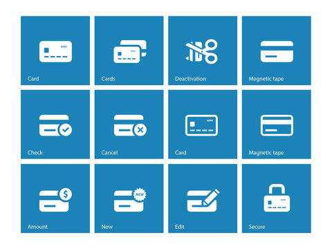 Credit card icons on blue background.