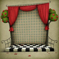 Room with red curtains and vintage wallpaper