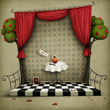 Fabulous background with roses, curtains and table