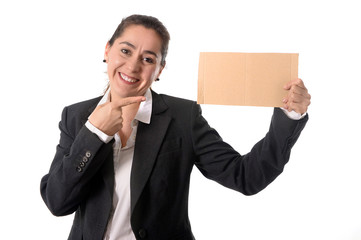 happy busy business woman holding blank sign