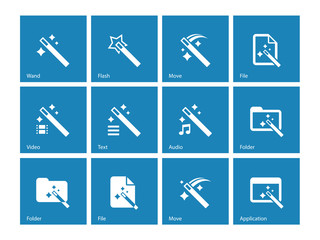 Magician icons isolated on blue background.