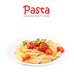 Penne pasta with bolognese sauce, parmesan cheese and basil 