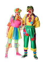 Two clown smiling isolated over a white background