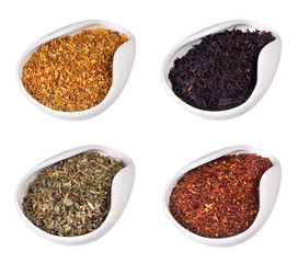 set of different dry teas isolated on white