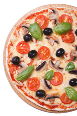 Mushroom pizza with olives isolated on white background