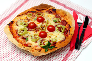 Homemade Pizza with Cheese, Salami, Tomato