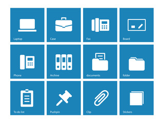 Office icons on blue background.