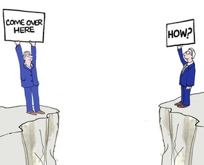 Two men try to reach across the divide