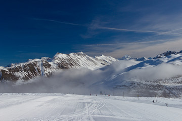 Slope on the skiing resort in Alps. Livigno, Italy