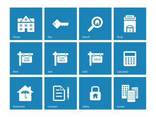 Real Estate icons on blue background.
