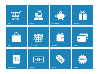 Shopping icons on blue background.