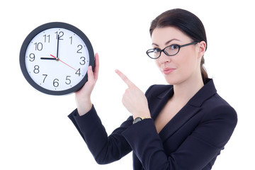 young attractive woman in business suit holding office clock iso