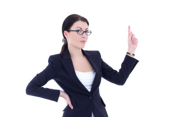 young business woman pointing at something interesting against w