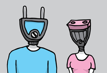 Two people connecting in love with heads as plugs