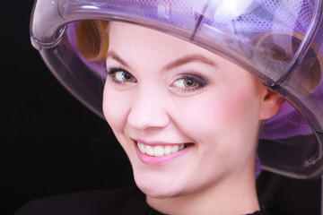 Beautiful girl hair curlers rollers hairdresser beauty salon