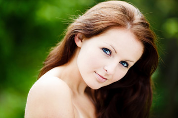 Beautiful Blue Eyed Woman. Beauty Portrait. Green Background. - 61252318