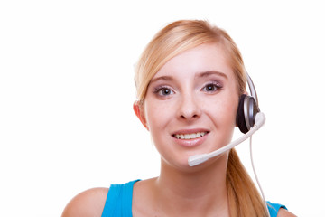 Naklejka premium Girl with headphones and microphone headset on white
