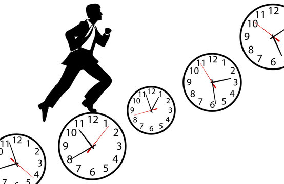 Busy man hurry up work day clock