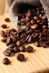 Roasted coffee beans in linen bag