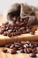 Roasted coffee beans in linen bag