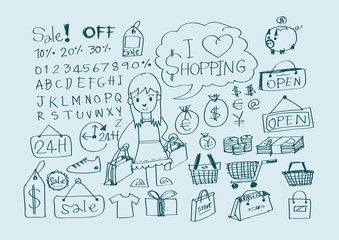 Hand draw sketch Shopping icons set