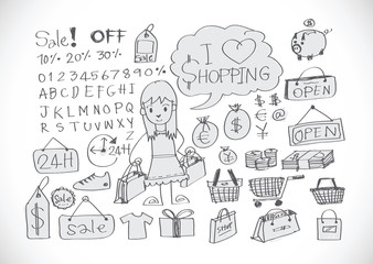 Hand draw sketch Shopping icons set