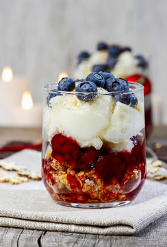 Layer Strawberry, Blueberry And Muesli Dessert In Glass Goblet