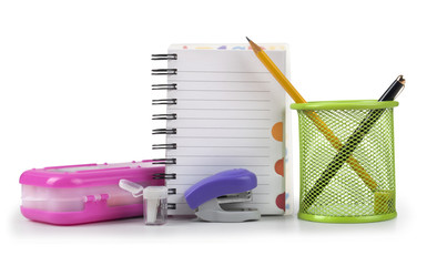 School and office supplies on white background, back to school