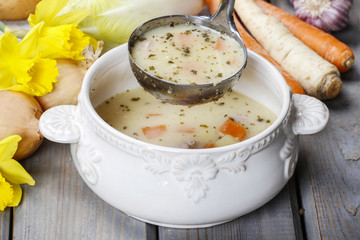 The sour rye soup made of soured rye flour and meat