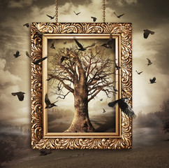 Magic tree with birds in frame