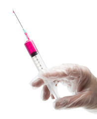hand with white glove holding syringe for Injecting