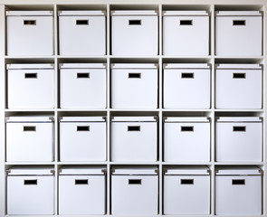 cardboard boxes on shelves