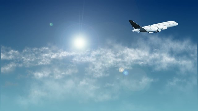 Airplane in sky With Clouds and Sun