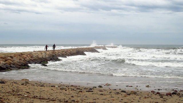 Surfers in a winter day