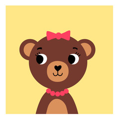Cute cartoon bear girl on yellow background